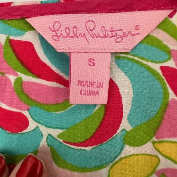 Lilly Pulitzer Tunic Top Size Small 100% Cotton Colorful Tie Neck Long Sleeve - Picture 6 of 9